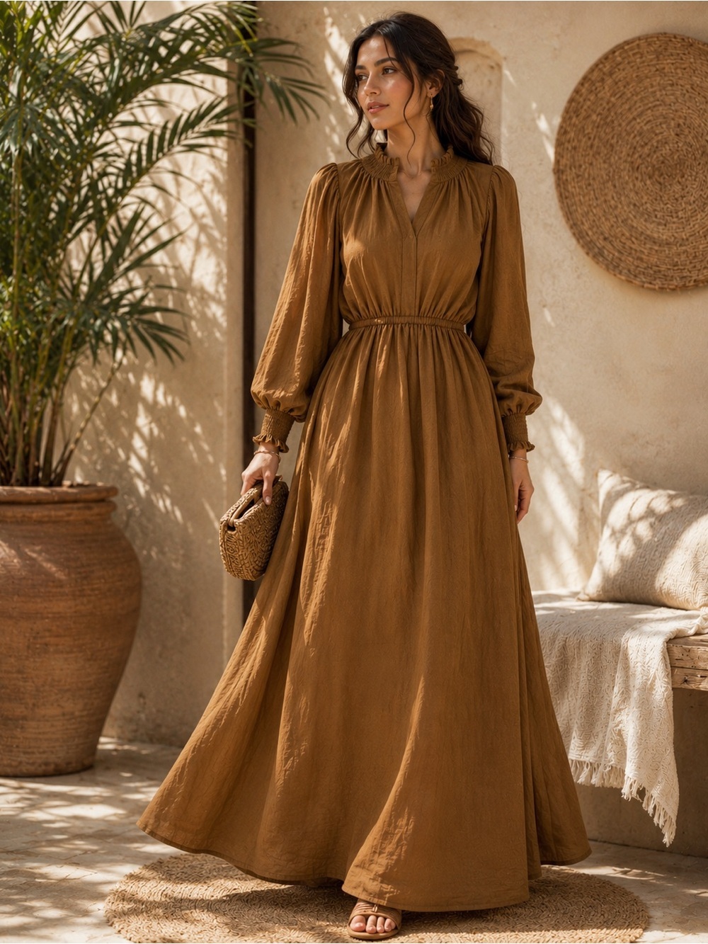 Wishlist Apparel Women's Brown Maxi Dress Size S/
M | Long Sleeve Smocked Neck